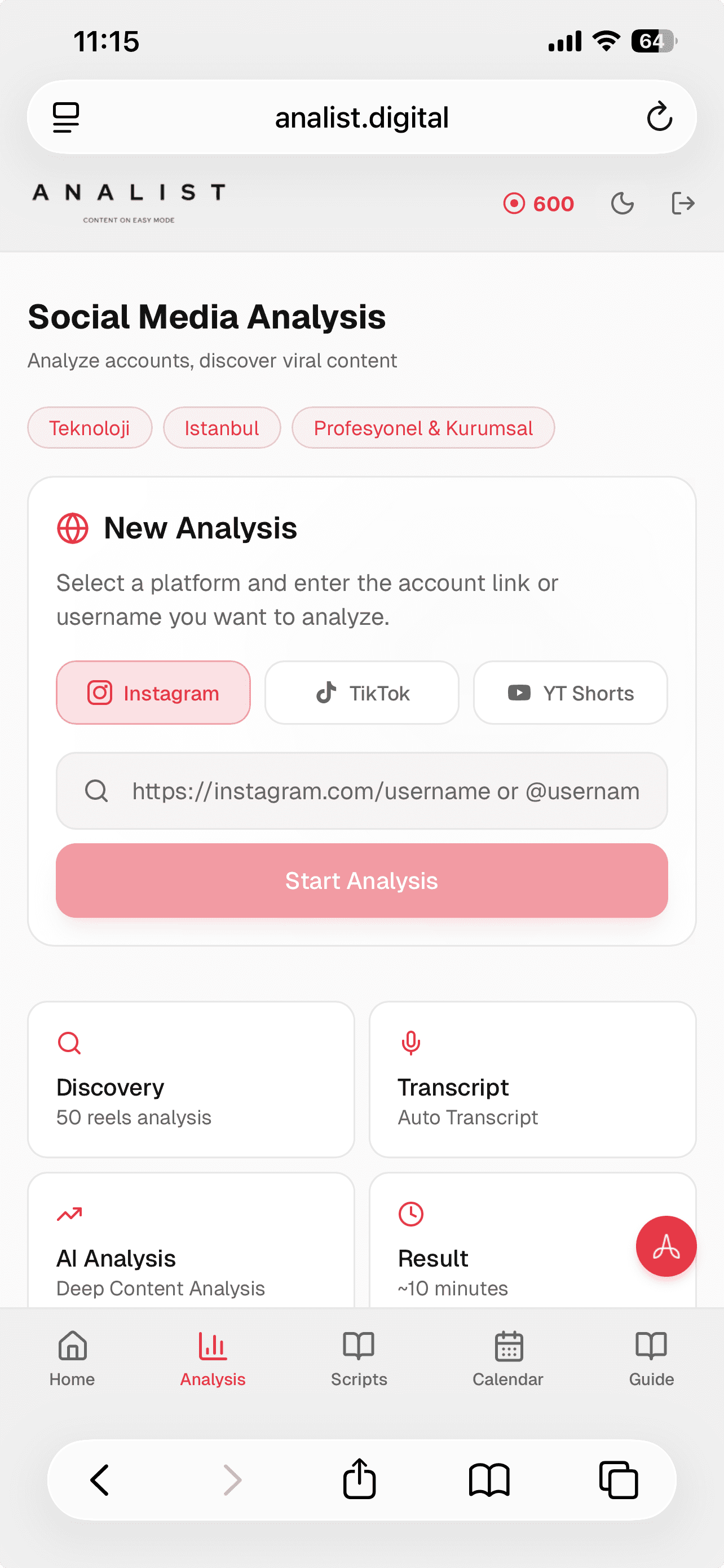 ANALIST app dashboard